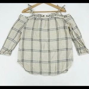 Nordstrom Collection Womens Tie Off Shoulder Linen Blouse Tan Sz S Casual Plaid